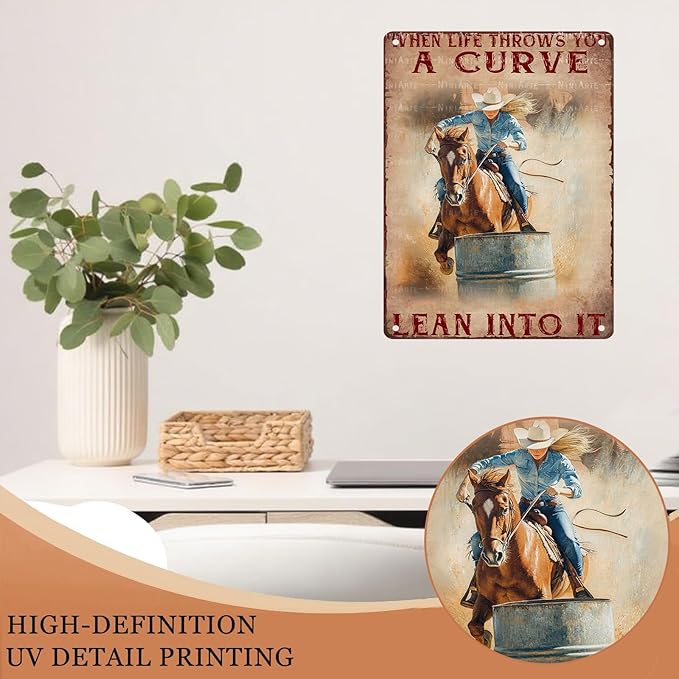 Horse Riding Cowgirl Vintage Metal Sign When Life Throws You A Curve Lean Into It Metal Poster Cowboy Decor Painting Wall Art Home Garage Bars Restaurants Cafes Office 12X16Inch