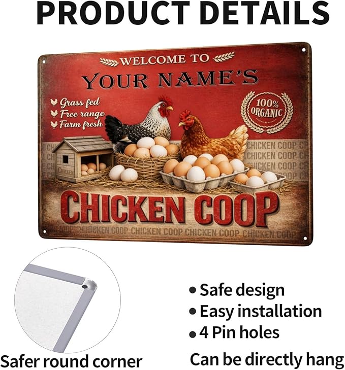 Custom Your Name Chicken Coop Sign Welcome To Your Farm Fresh Eggs Hens Personalized Metal Tin Plaque Vintage Rustic Wall Decor Barn Backyard Gift