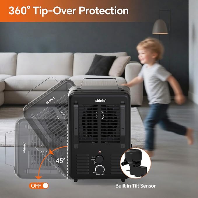 Shinic 1500W Milkhouse Heater, Milkhouse Utility Heater with Adjustable Thermostat, Tip-Over & Overheat Protection, ETL Listed for Garage, Farm, Workshop, Black