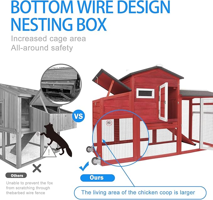 PetsCosset Chicken Coop Backyard Chicken House - Wooden Tractor Poultry House for Outdoor, with Chicken Nesting Box, Wheels, Waterproof Roof, Pull Out Tray