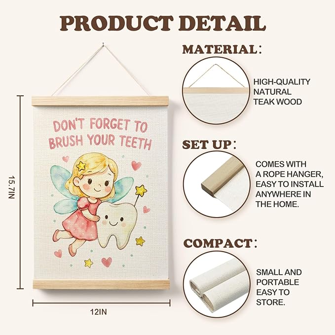 AQYIP Cute Tooth Fairy Kids Bathroom Wall Art Decor, Girls Bathroom Decor, Don't Forget to Brush Your Teeth Poster Canvas Prints for Children's Bedroom Dental Office Wall Decoration, 12x16 Inch