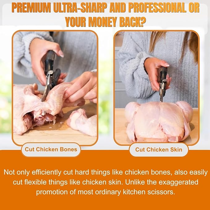 Poultry Shears, Kitchen Shears Heavy Duty for Food With Anti-Slip Handle & Safety Lock, Meat Scissors, Chicken, Lobster, Quail, Fish, Food Cutting Scissors, Bone Cutter - Spring Loaded