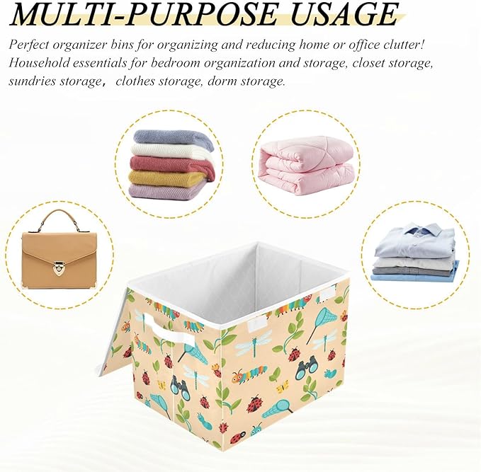Dragonfly Caterpillar Butterfly Net Storage Bins with LidsBinoculars Leaves Bug Foldable Storage Basket with Handles Collapsible Large Fabric Organizer Containers for Clothes Shelves Closet Off