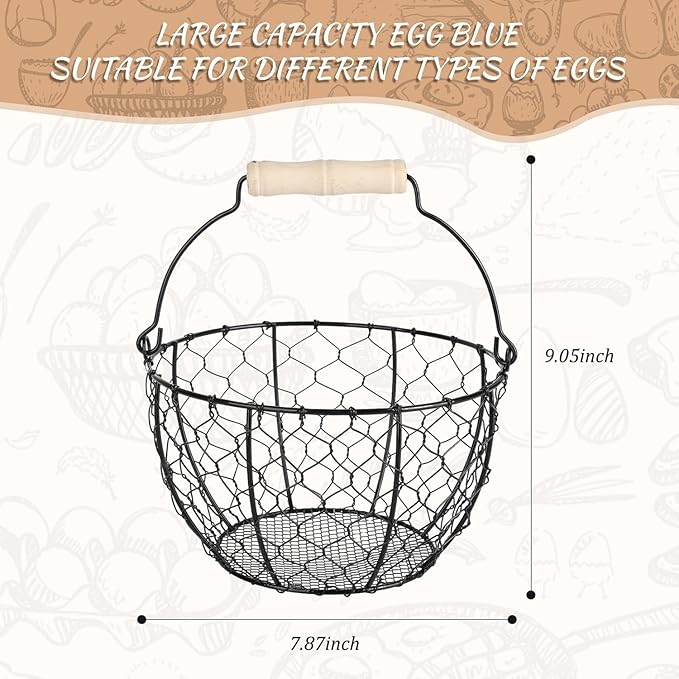 Egg Basket With Handle,Wire Egg Basket for Gathering Fresh Eggs, Round Egg Collecting Basket for Farm,Vintage Style Chicken and Duck Eggs Basket Egg Countertop Storage Container Holder ﻿