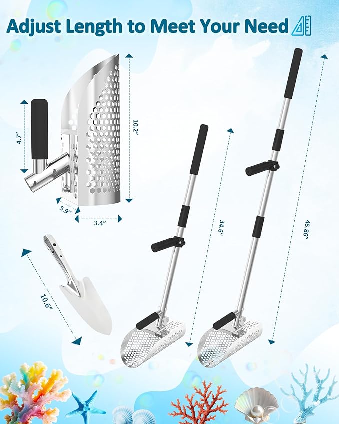 Sand Scoop for Metal Detecting, Metal Detector Sand Shovel Accessories for Beach, Stainless Steel Sand Sifter Digging Tool, Long Handle Fast Sand Sifting Flea Rake for Underwater Treasure Hunting