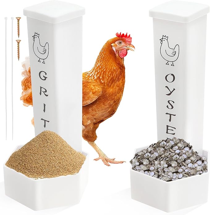 2 Pcs Chicken and Oyster Shell Feeder with Lid Double Bucket Dispenser Chicken Accessories Built for Keepers Poultry Feeders Trough, Accessories Supplies