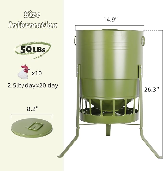 KOL Chicken Feeder No Waste for Coop & Outdoors, 16 Port 50lbs Poultry Feeder with Spill-Control Design, Rust-Proof Powder Coated Metal & Smooth Safe Edges (Avocado Green)