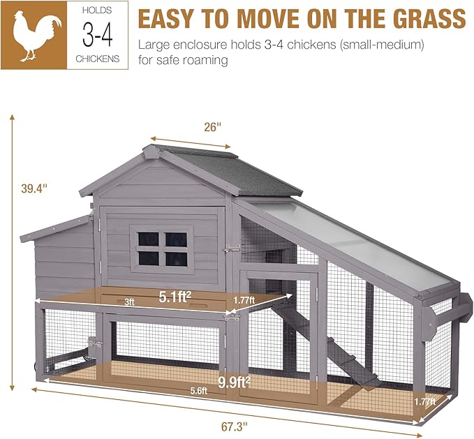 Gutinneen Chicken Coop 69" Chicken House with Large Nesting Box Outdoor Rabbit Hutch with UV Proof Roof,Waterproof