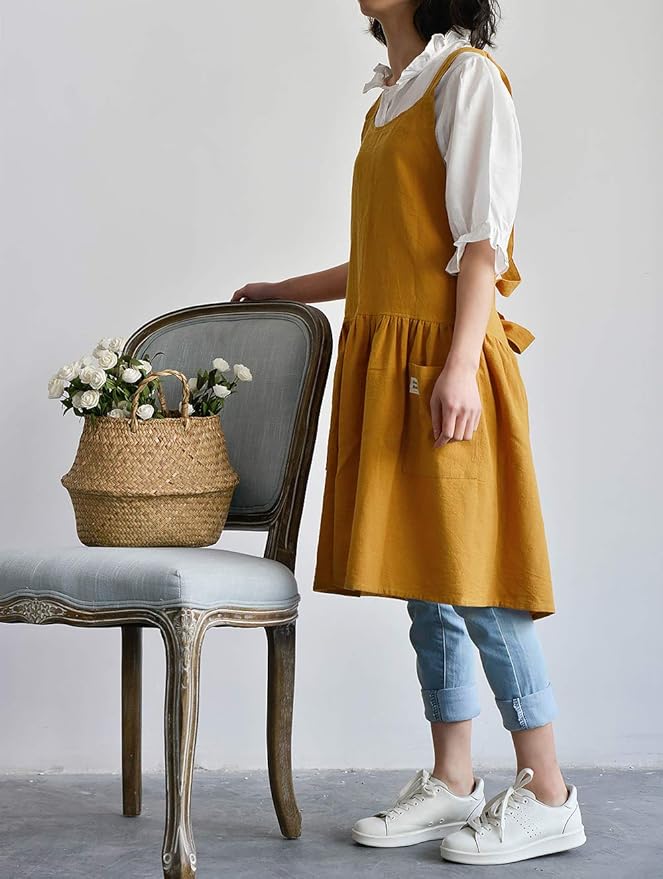 NEWGEM Cotton Linen Cross Back Apron for Women with Pockets for Painting Gardening Yellow with Waist Ties