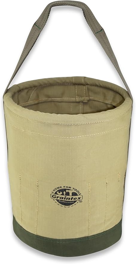 Graintex Tapered Canvas Bucket 12"x10"x15", Utility Tool Bucket 16 Inside Pockets, Reinforced Base & Carry Handle, Ripstop Canvas, Multi-Purpose Bag for Jobsite & Home Use for Tool Storage Solutions