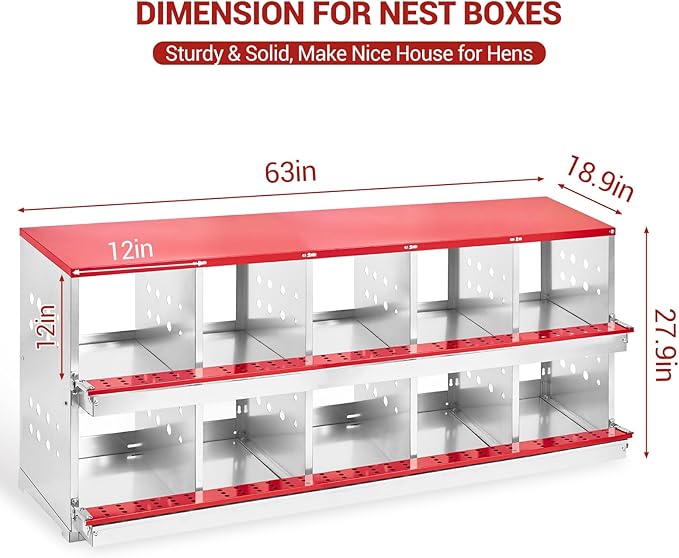 Heavy Duty Metal Chicken Nesting Box – 10 Compartments, Roll-Out Egg Tray, Pull-Out Cleaning Tray, Swing Perch, Wall Mount, with Cover-Red, 160×48×71cm