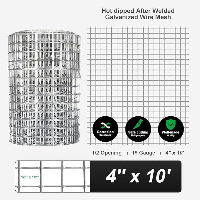 Hardware Cloth1/2 in Galvanized Wire Mesh Roll (19 GA) Chicken Wire Fence Roll for Chicken Pen/coop Fences, Screen mesh, Rabbit/Snake Fences, Poultry enclosures, Handicraft Making, etc. (4In x 10Ft)