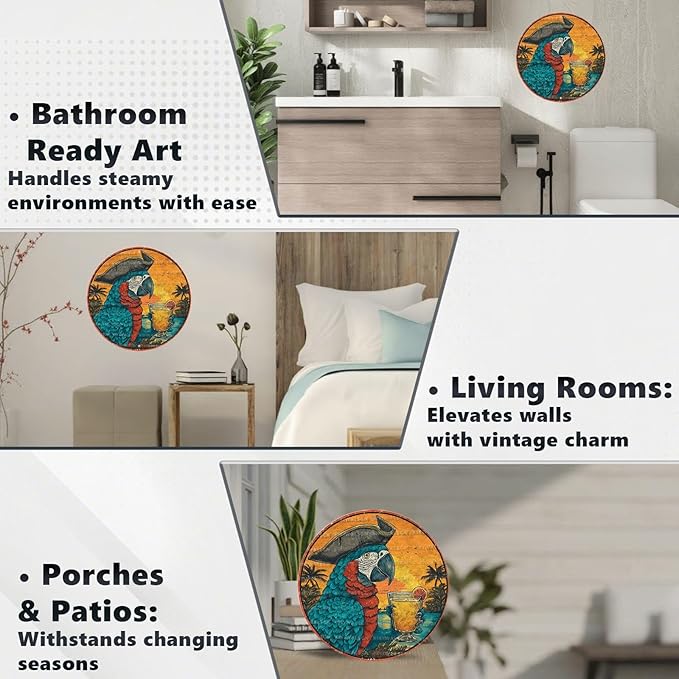 Vintage Parrot Round Metal Sign Retro Beach Tin Sign Nostalgic Rustic Wall Decor Kitchen Bar Man cave Living Room Bedroom Garage Bathroom 12 * 12 In