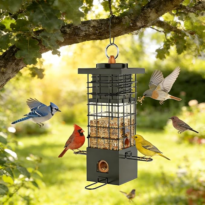 KRUOO Heavy Duty Metal Squirrel Proof Bird Feeder, 2.5LB Large Capacity, Weather Resistant, Easy Refill & Clean, Hanging Wild Bird Feeder for Finch Cardinal Chickadee Outdoor Garden
