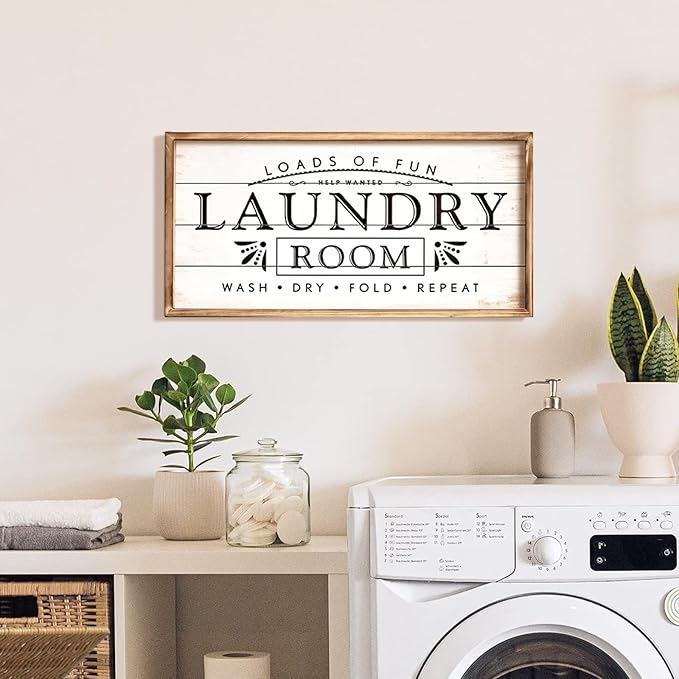 Large Laundry Sign for Laundry Decor, Loads of Fun Laundry Room Wooden Sign, 24 x 12 Inches Wood Framed Farmhouse Laundry Room Wall Decor