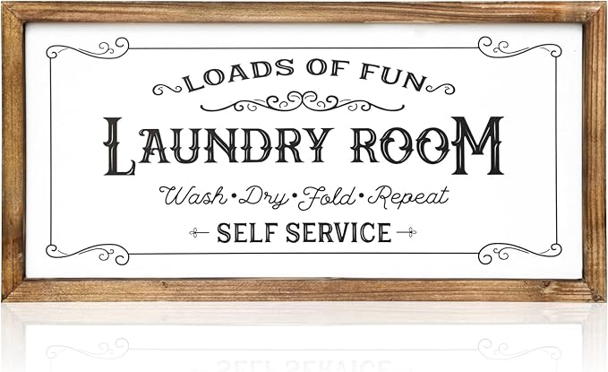 Laundry Room Sign - Vintage Rustic Wooden Wall Decor, Farmhouse Laundry Room Decor with “Loads of Fun” Quote, 16x8 Inches