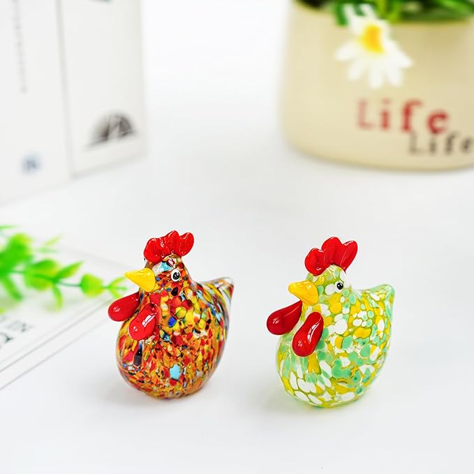 H&D HYALINE & DORA Set of 2 Mini Glass Rooster Figurines Art Blown Glass Chicken Collectible Figurine Crystal Animal Ornaments for Farm Thanksgiving Centerpiece Decor
