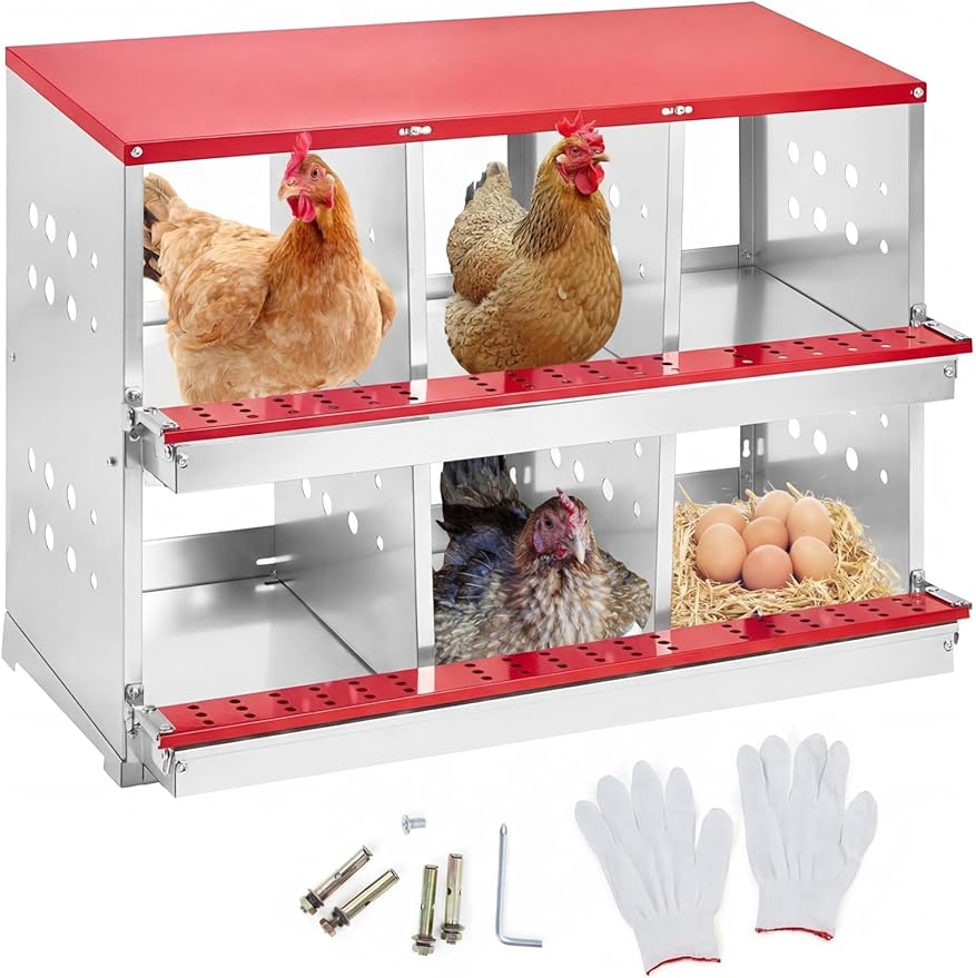 Heavy Duty Metal Chicken Nesting Box – 6 Compartments, Roll-Away Egg Tray, Pull-Out Cleaning Tray, Swing Perch, Wall Mount, with Cover-Red, 96×48×71cm
