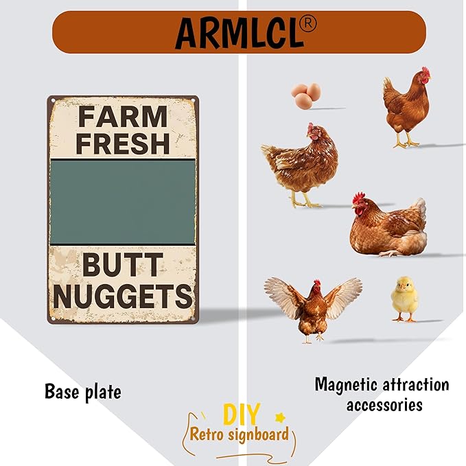 DIY Magnetic Attraction Design,Funny Chicken Tin Sign | chicken decor | Farmhouse Wall Decor, Rooster Kitchen & Bathroom Art,Metal Signs,Funny Gifts,8 * 12 Inch(Yellowish Green)