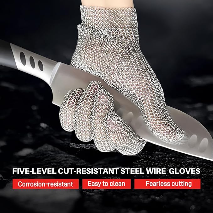A9 Cut Resistant Stainless Steel Metal Mesh Chainmail Gloves,Metal Gloves, Food Grade For Kitchen Cooking, Butcher Meat Cutting, Oyster Shucking, Mandoline, 5 Finger,Fish Fillet (L)