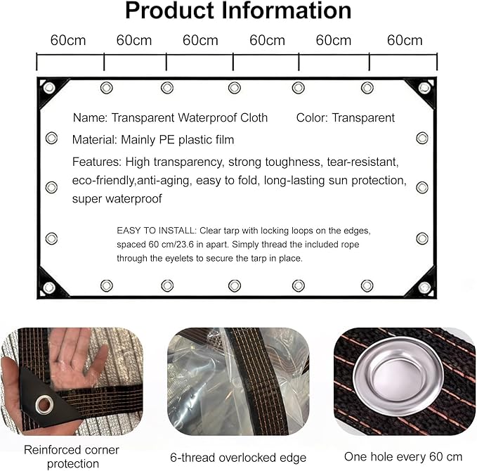 Clear Tarp Waterproof Tarps Heavy Duty Clear Vinyl Tarps, Plastic Tarp with Grommets Chicken Coop Cover Waterproof Transparent Tarpaulin for Pergola, Porch, Gazebos(4.5x8m/14.8x26.2ft)