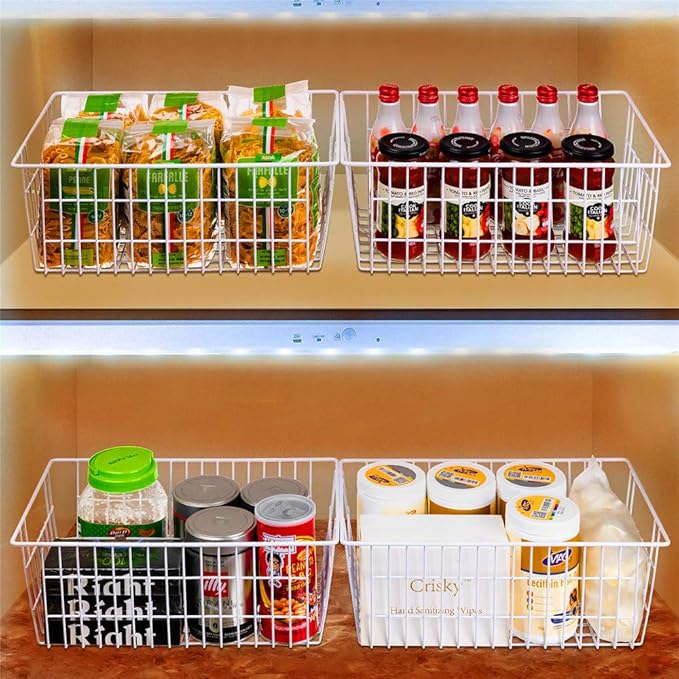 SANNO Freezer Baskets, Pantrty Storage Bins, Farmhouse Metal Wire Organizer for Kitchen Pantry Organizer 14"x11"x6"