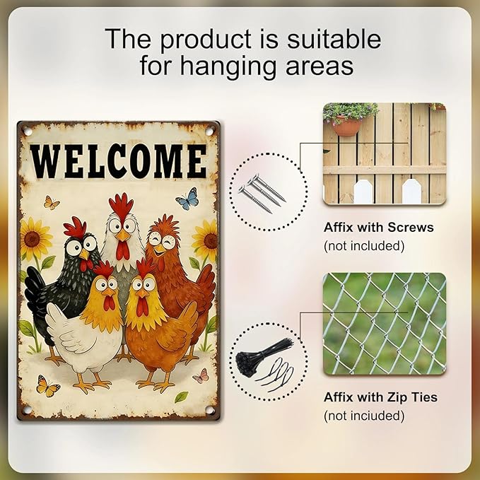 Funny Chicken Signs - Vintage Chicken Coop Sign Metal Welcome Tin Signs For Chicken Lovers Gifts Outdoor Home Farm Wall Art Decor 8x12 Inch