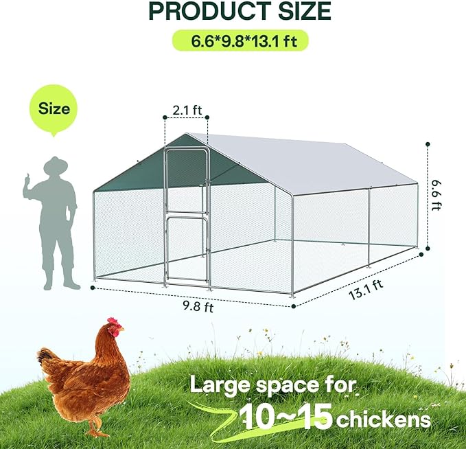LotFun Metal Chicken Coop, Outdoor Chicken Runs for Yard with Waterproof & Anti-UV Cover, Double Lockable Doors, Outdoor Hen/Duck/Rabbit Runs for 10-30 Chickens (13.1 x 6.6 x 9.8 FT)