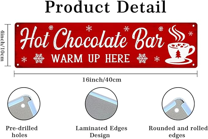 Hot Chocolate Bar Metal Tin Sign Vintage Funny Christmas Sign for Cafe Home Bar Farmhouse Christmas Art Wall Decoration Retro Poster 4x16 Inch