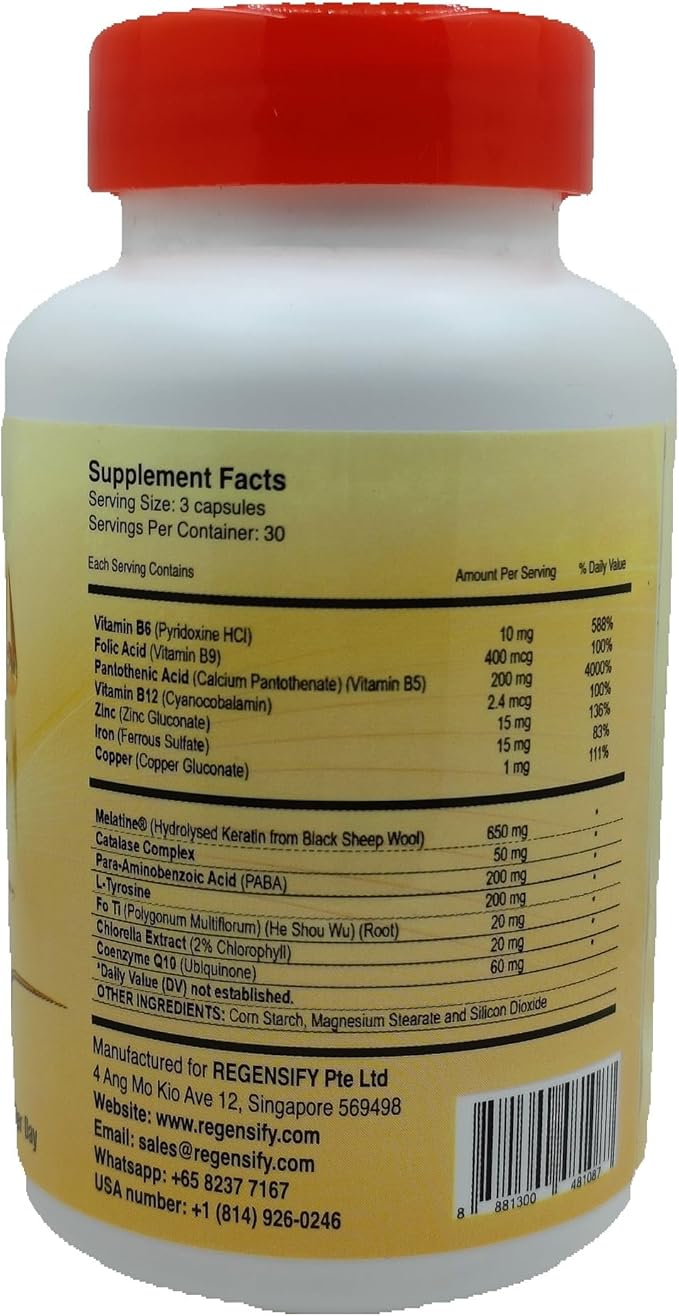 REGENSIFY Hair Melanin Booster Nutrition [Anti Grey Hair Supplement for Men & Women | Melatine®, Catalase, PABA, L-Tyrosine, He Shou Wu, Chlorella Extract, CoQ10, Folic Acid, Pantothenic Acid]
