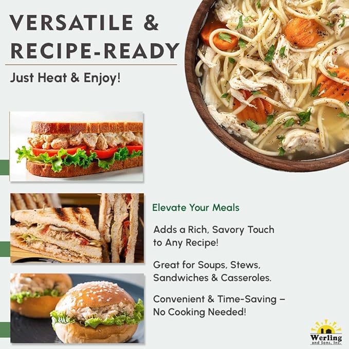 Werling & Sons Canned Chicken 28 Oz– Fully Cooked, Ready to Eat | Premium Quality, Recipe-Ready Canned Meat | 5-Year Shelf Life | Pantry Staple for Camping, Survival & Emergency Use | Made in USA | Pack of 6