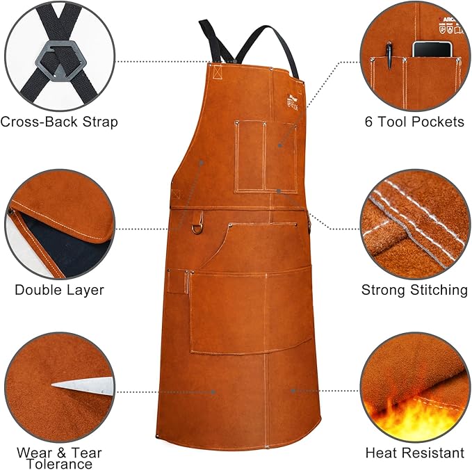 ARCCAPTAIN Leather Welding Work Apron 24" X 36" Heat Flame Resistant Cowhide Blacksmith Aprons with 6 Tool Pockets for Welders Men Women, Adjustable M to XXXL-Brown