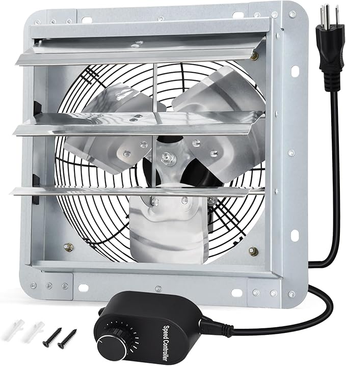 Criditpid 14 Inch Shutter Exhaust Fan with Speed Controller and Power Cord for Garage, Greenhouse, Attic, Chicken Coop, Shop, Shed, Basement Ventilation, 1088 CFM 1450 RPM Wall Mounted Exhaust Fan.