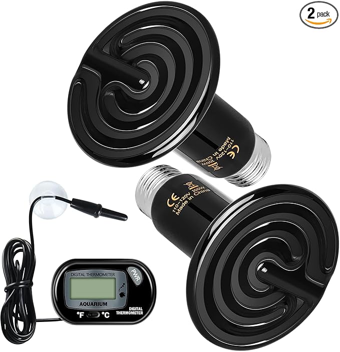 Simple Deluxe 100W 2-Pack Ceramic Heat Lamp Reptile Heat Emitter Heater Lamp Bulb No Light with Free Digital-Thermometer, for Pet Brooder Coop Chicken, Dragon Turtle Lizard Snake Aquarium Tank Black