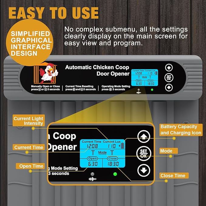 Automatic Chicken Coop Door, Extra Large Size, Anti-Pinch Design,Programmable Timer & Light Sensor Modes, Large LCD Display, Solar Powered Auto Chicken Door Opener with Remote Control (50m)