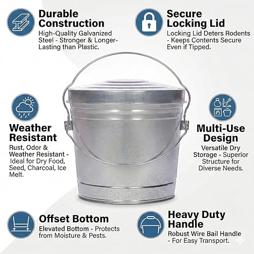 6 Gallon Galvanized Steel Storage Can with Locking Lid – Heavy Duty Metal Pail for Pet Food, Bird Seed, Ash & Charcoal, Rust Resistant & Weatherproof Outdoor Bin
