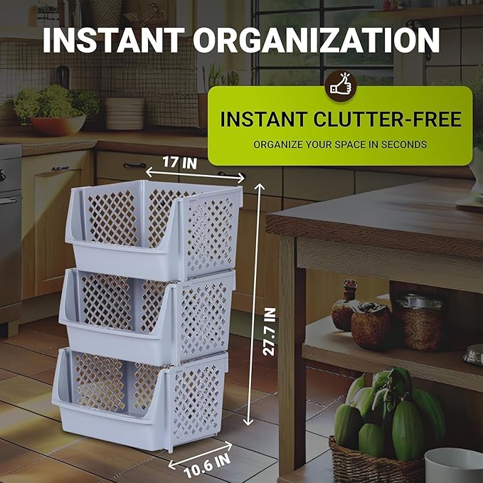 Skywin TidyFriend Plastic Stackable Bins for Pantry, 6 Pack Large Stacking Bins Open Front, Toy Organizers, Kitchen, and Bathroom Essentials (Light Grey)