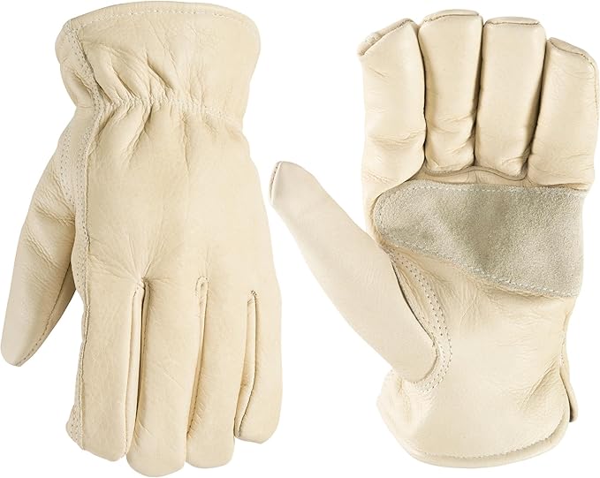 Wells Lamont Leather Work Gloves for Men – Grain Cowhide, Reinforced Palm – Ideal for Construction, Farming, Ranching – Ergonomic Fit, Keystone Thumb, Elasticized Wrist – Beige, Medium (1130M)