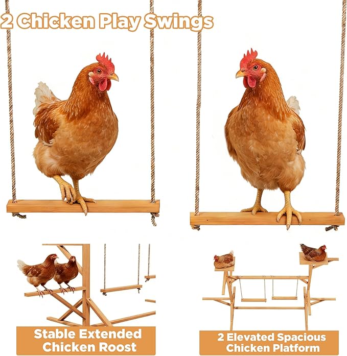 Large Wooden Chicken Perch Stand Roosting Bars with 2 Swings, Multi-Level Chicken Playground for Hens, Ducks & Pigeons, Sturdy Fir Wood Hens Jungle Gym for Coop or Backyard