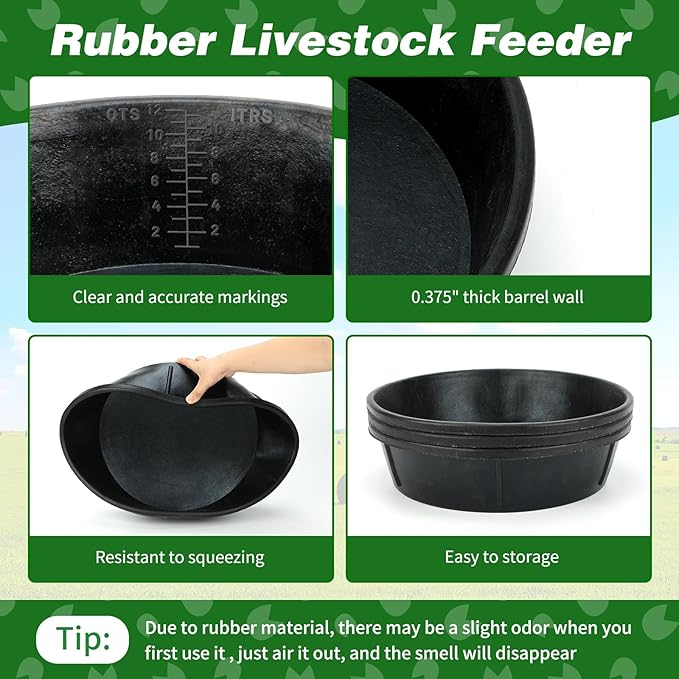 5Pcs Heavy Duty Rubber Feeder Pan, 12Q/3Gal Horses Feed Pan, Large Feed Bucket for Animal Feeding, Livestock Water Bowl Chicken Dust Bath Tub for Horse Goat Pig Dog Farm Livestock Poultry