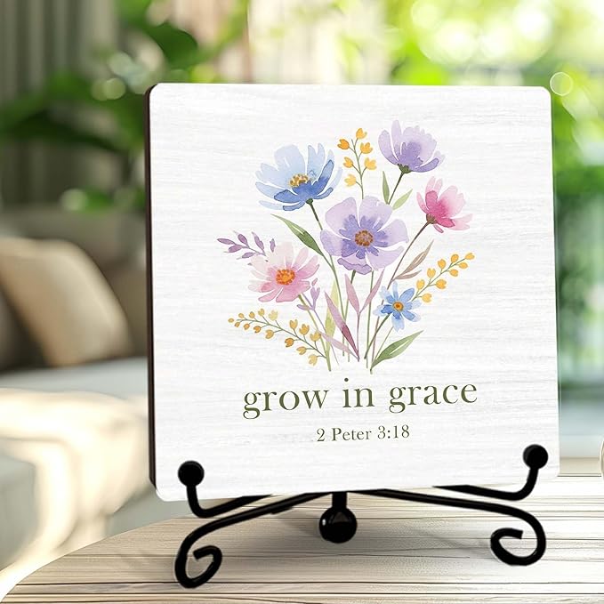 Religious Gifts for Women, 5 Inch Wildflower Bible Verse Decor, Inspirational Wooden Plaques for Home Office Sign, Grow In Grace Sign - A13