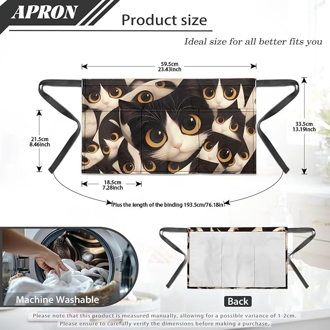 Waist Apron with 3 Pockets Waterproof 13 Inch Short Half Waist Aprons Women Men Server Aprons Waitress Waiter Apron