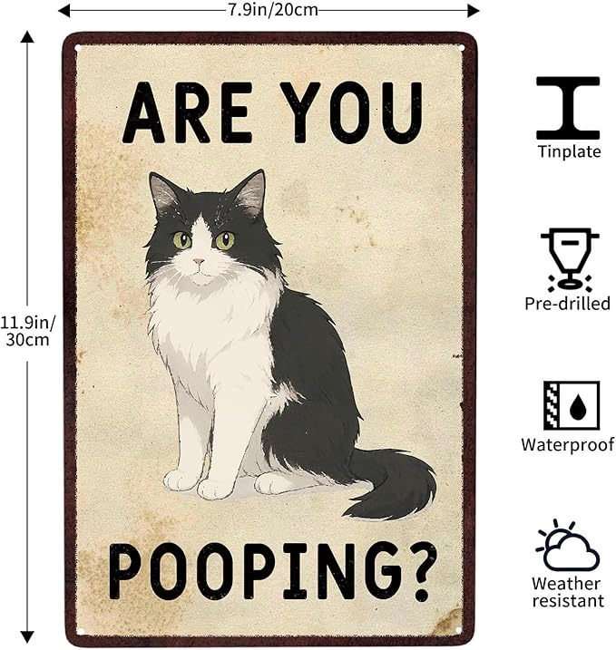 Bathroom Wall Decor, Cat Gifts for Cat Lovers, Are You Pooping Sign, Funny Metal Cat Signs for Bathroom Restroom Toilet Powder Room, Cat Wall Art Decor 8 X12 Inch