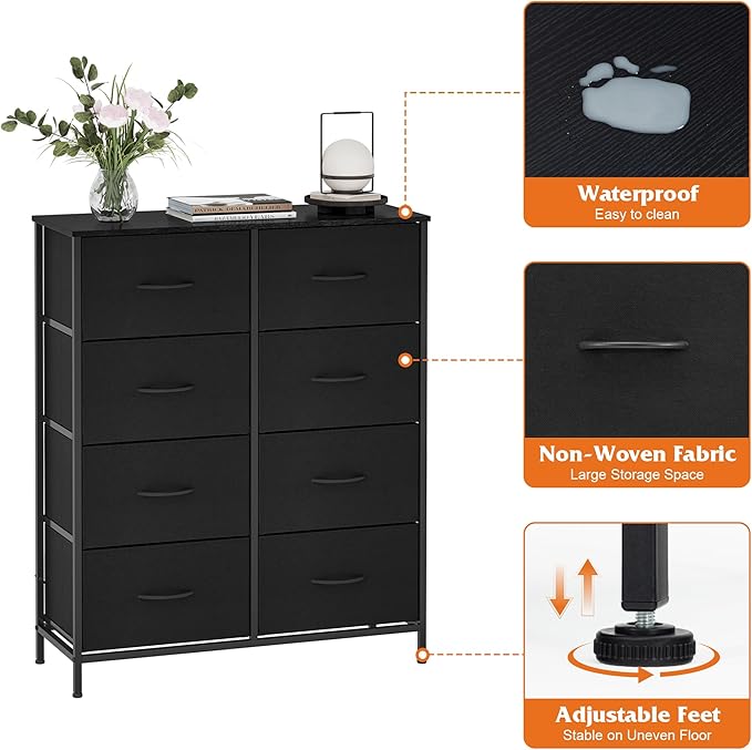 WelFurGeer 8 Drawer Fabric Dresser with Sturdy Metal Frame, Tall Dresser with Fabric Bins, Storage Chest of Drawers for Bedroom, Closet, Kids Room Organization, Black