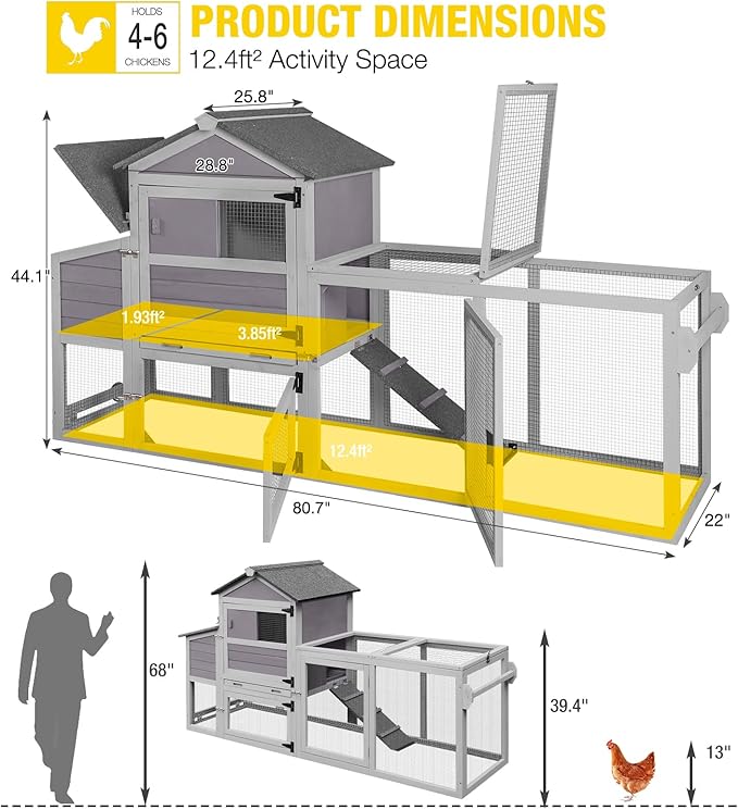 Aivituvin Large Chicken Coop with Wheels, Outdoor Hen House Mobile Poultry Cage with Run, Weatherproof Asphalt Roof, Sectionable Nesting Box, Leakproof Pull-Out Tray for 4-6 Chickens - Grey