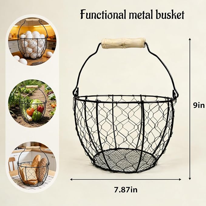 2 Pcs Egg Basket With Handle,Wire Egg Basket for Gathering Fresh Eggs, Round Egg Collecting Basket for Farm,Vintage Style Chicken and Duck Eggs Basket Egg Countertop Storage Container Holder ﻿