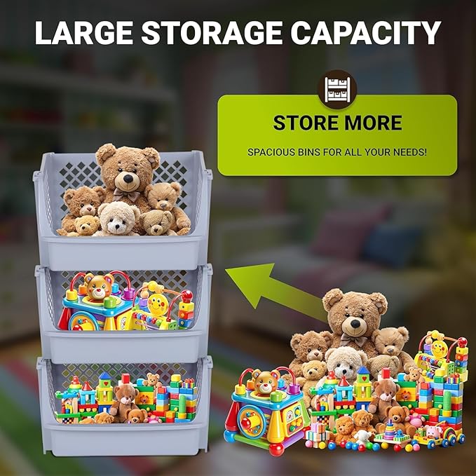 Skywin TidyFriend Plastic Stackable Bins for Pantry, 6 Pack Large Stacking Bins Open Front, Toy Organizers, Kitchen, and Bathroom Essentials (Light Grey)