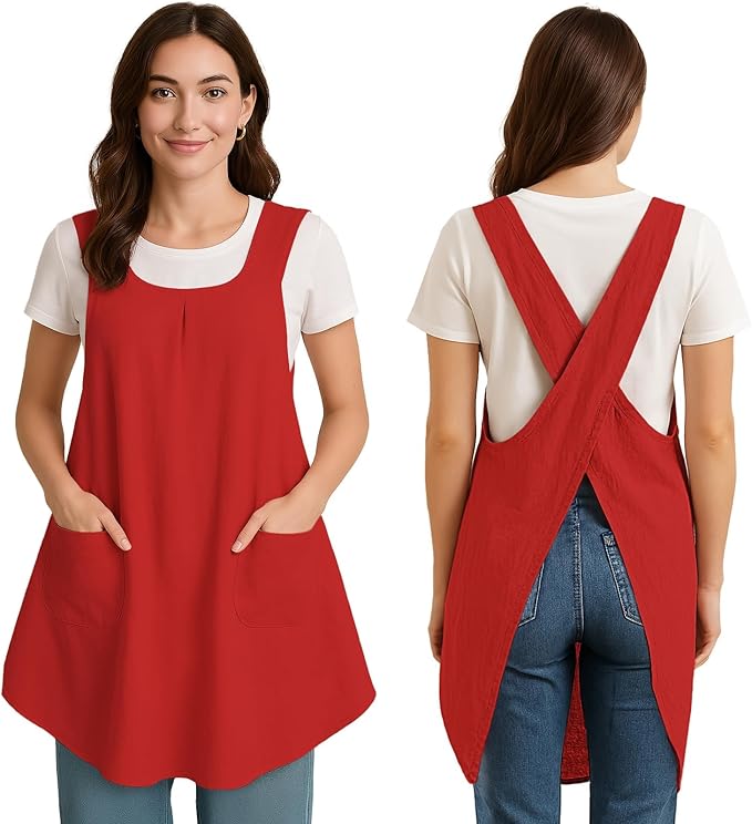 Apron for Women with Pocket Cotton Linen, Japanese Cross Back Apron for Gardening Painting