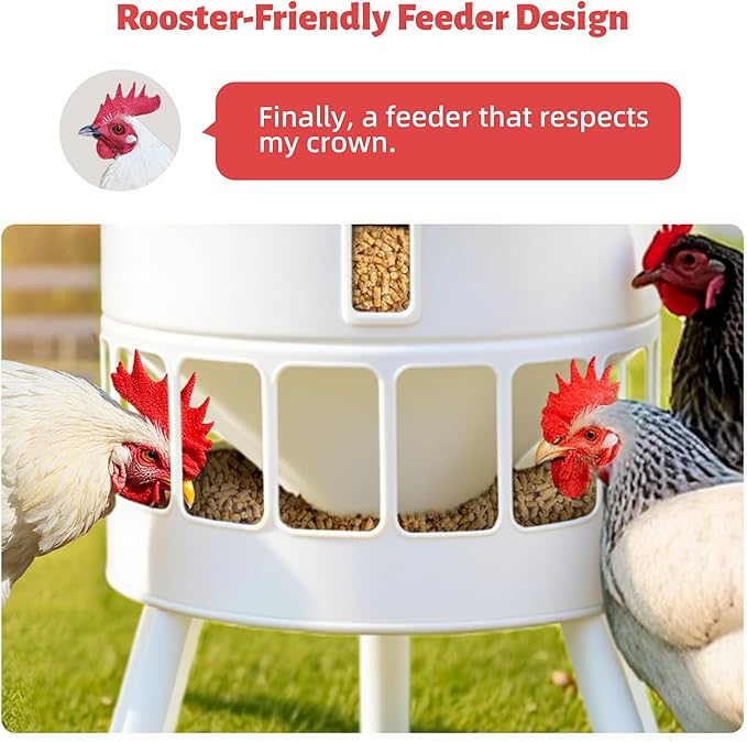 KOL 50LB Metal Chicken Feeder - No Waste, No Clog Design with 16 Ports & Smooth Gravity-Flow, Powder Coated Rust-Proof for Coop Use (Jade White)