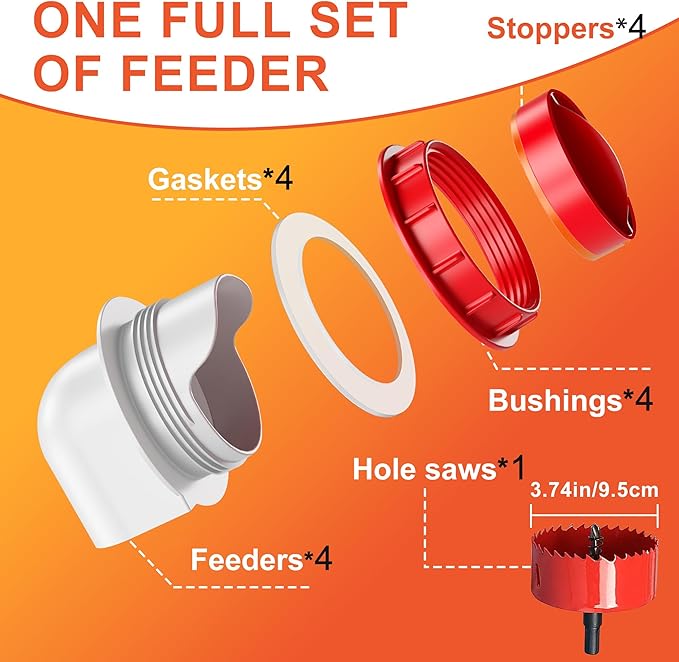 Large Chicken Feeders No Waste, DIY Automatic Poultry Feeder 4 Ports 3.74 in Hole Saw with Covers Gravity Feed Kit for Buckets Barrels Bins Troughs